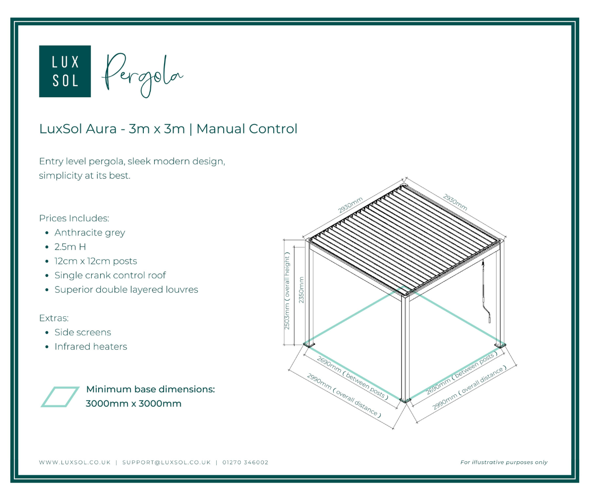LuxSol Aura Pergola 3m x 3m - Manual Control - LuxSol Living - 25% off, Manual, Single Bay