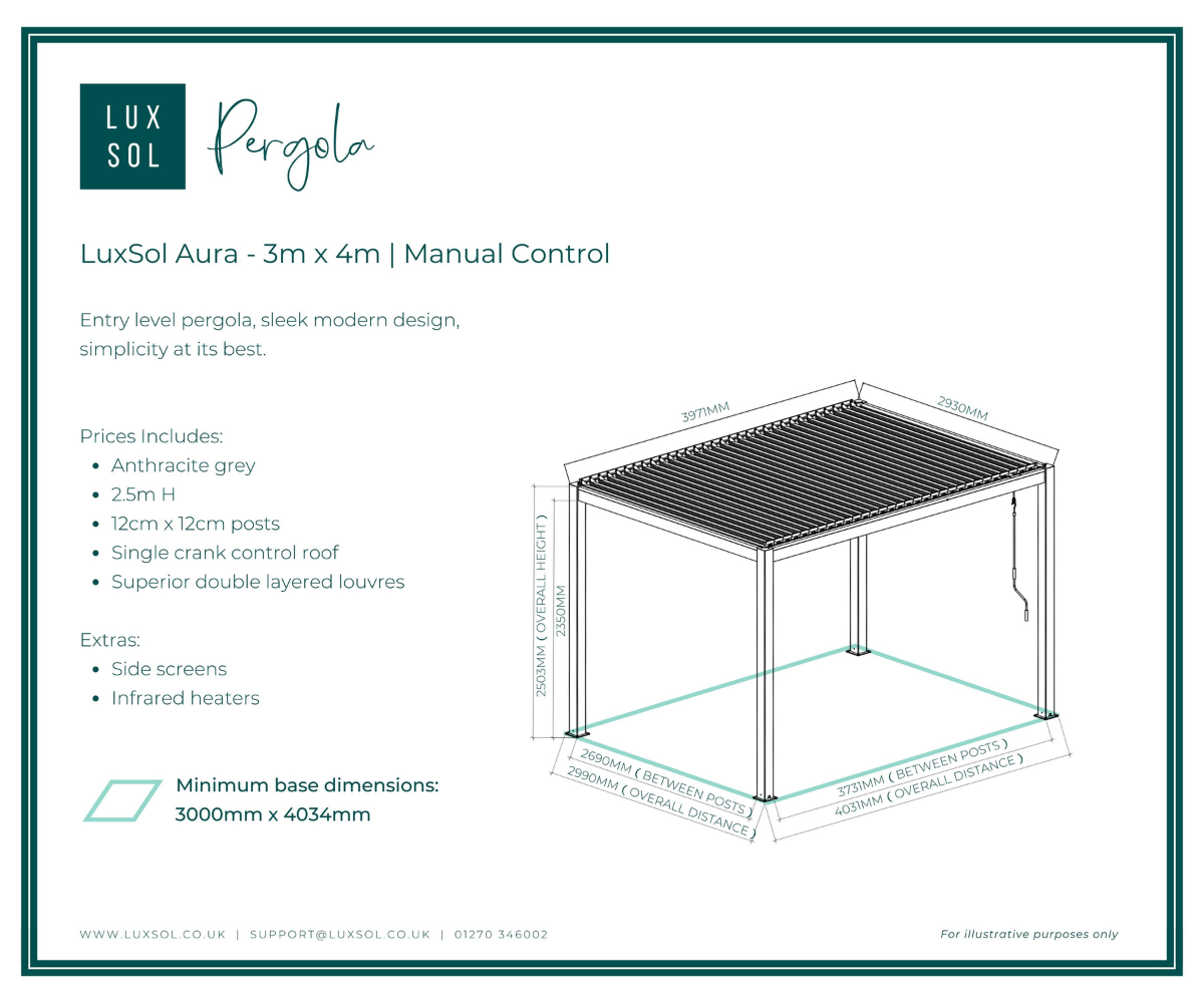 LuxSol Aura Pergola 3m x 3m - Manual Control - LuxSol Living - 25% off, Manual, Single Bay