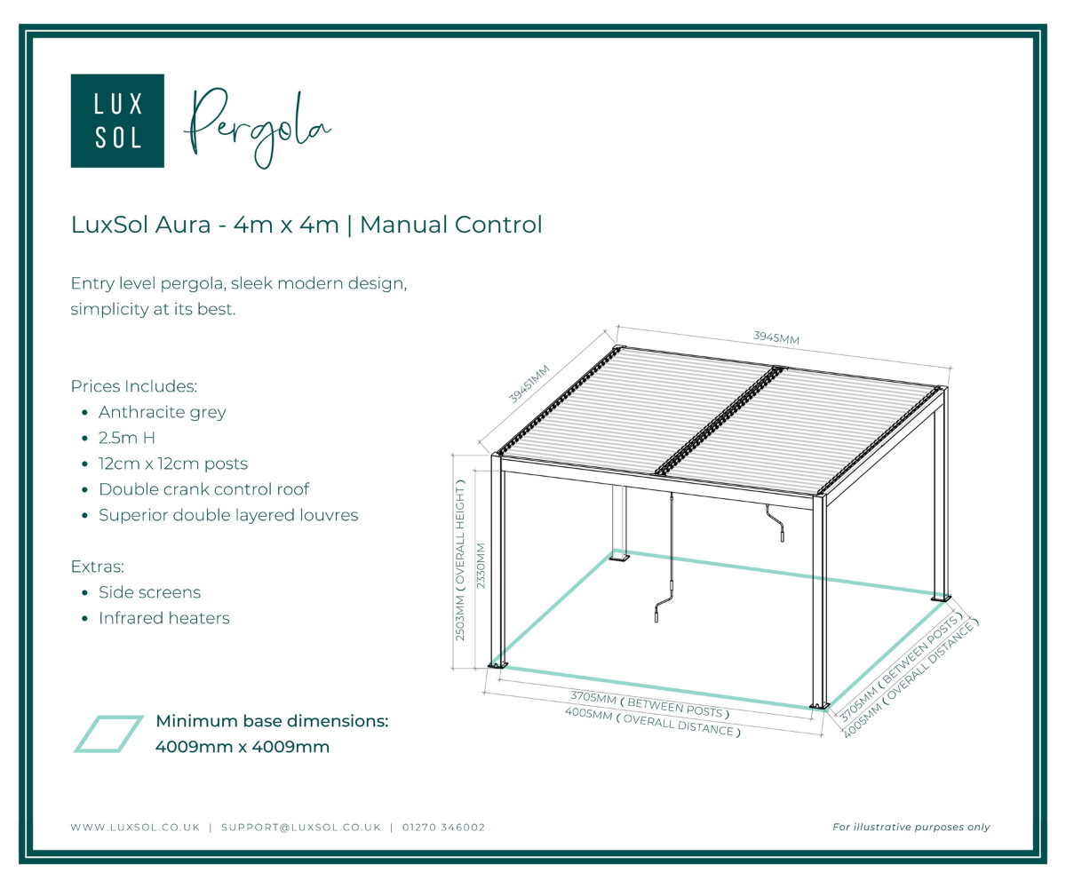 LuxSol Aura Pergola 3m x 3m - Manual Control - LuxSol Living - 25% off, Manual, Single Bay