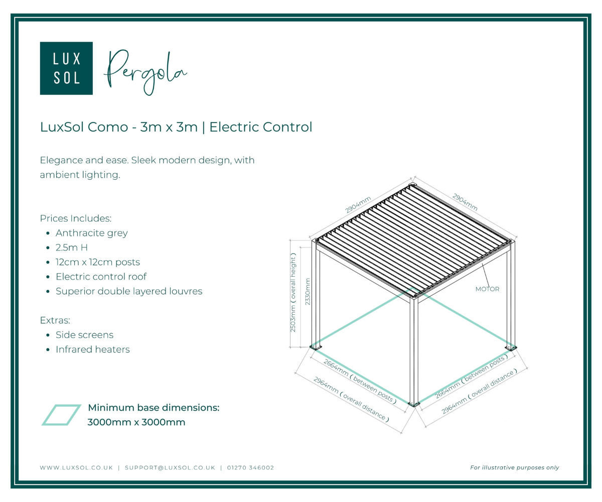 LuxSol Como Pergola 3m x 3m - Electric Control With Integrated Lighting - LuxSol Living - 25% off, Electric, Lighting Included, Single Bay