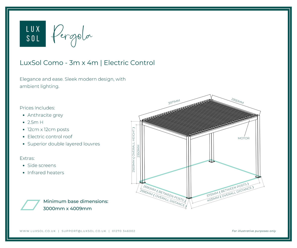 LuxSol Como Pergola 3m x 4m - Electric Control With Integrated Lighting - LuxSol Living - 25% off, Electric, Lighting Included, Single Bay