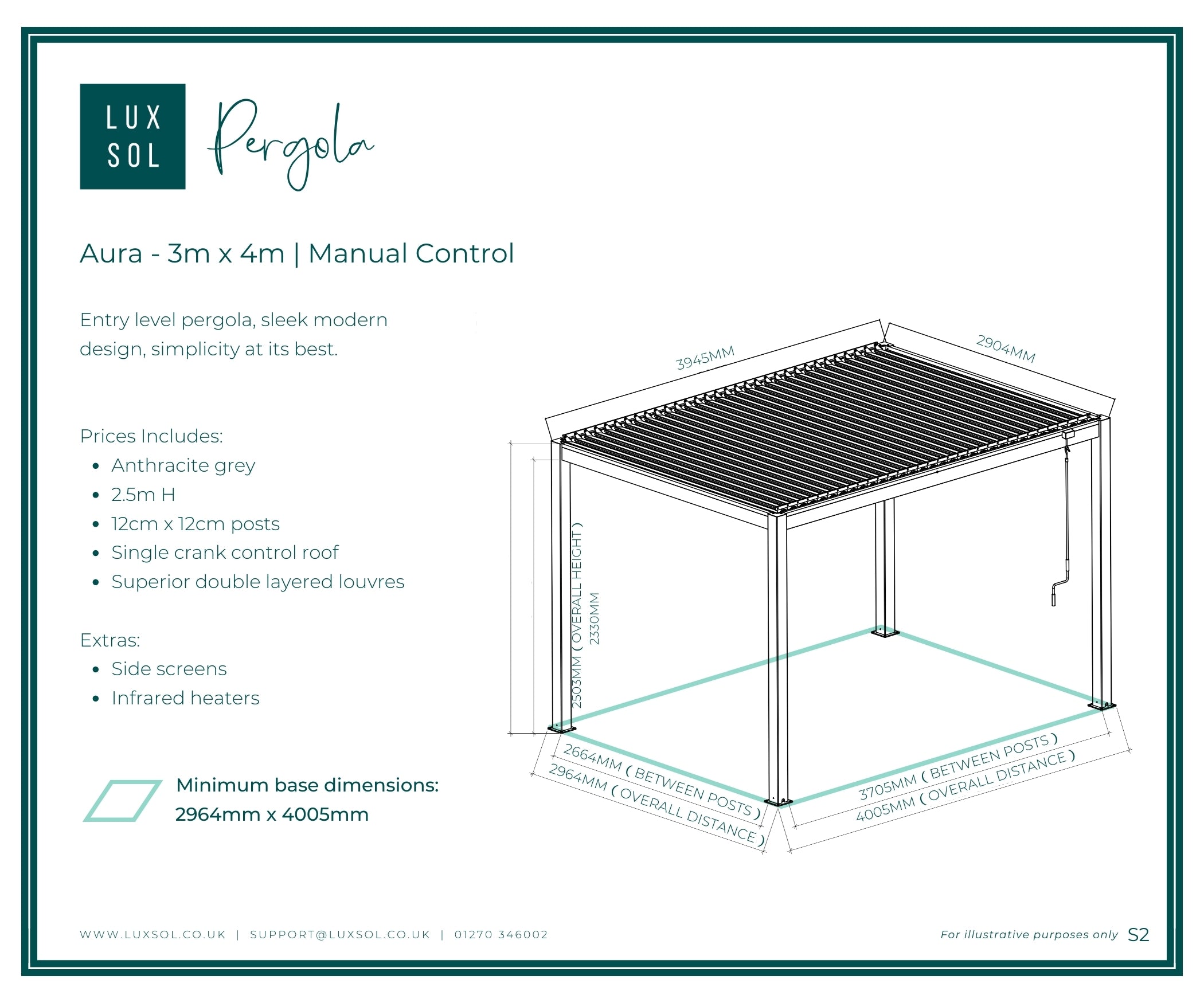 LuxSol Aura Pergola - 3m x 4m Manual Control
