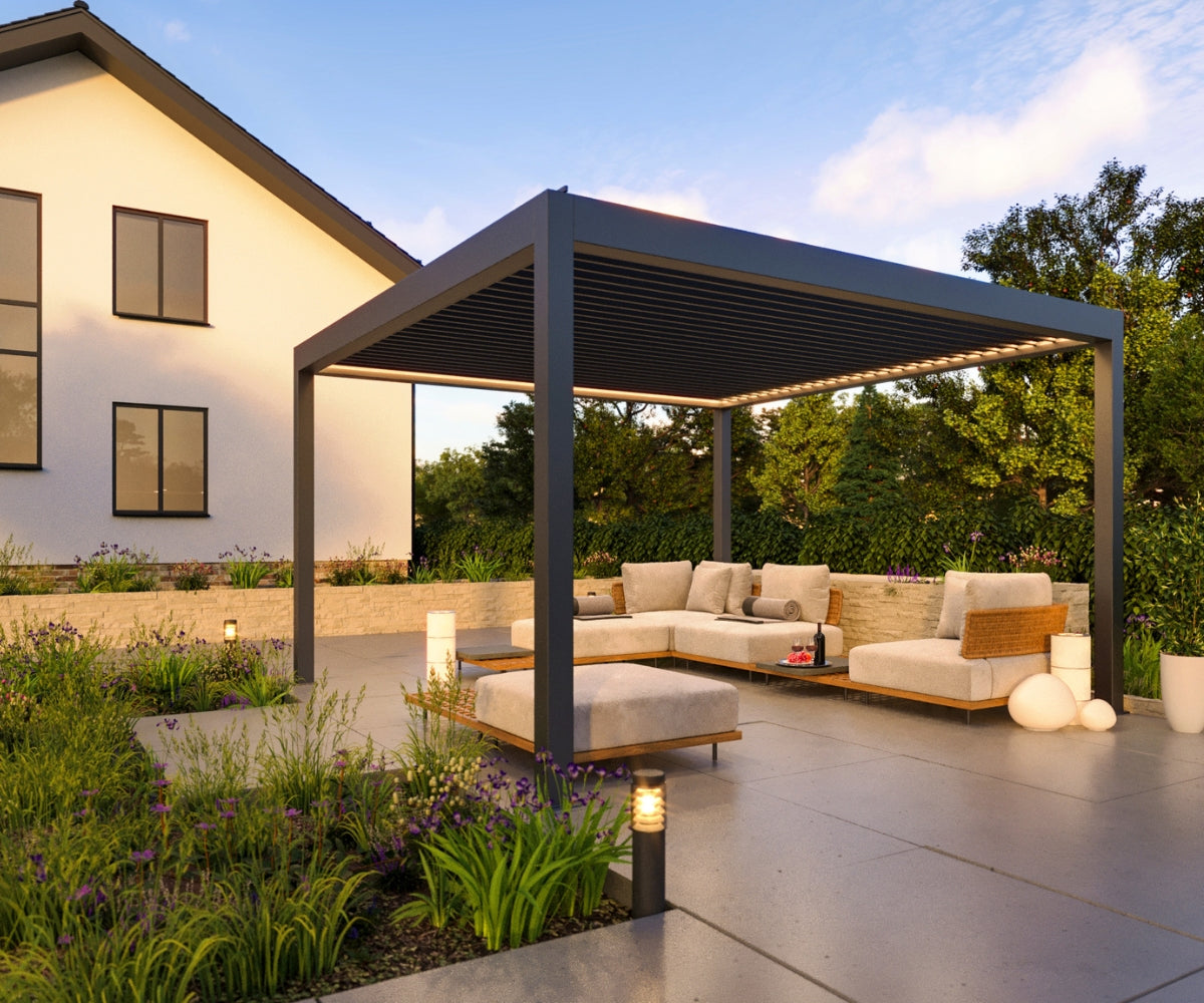 LuxSol Tora Pergola - 4m x 4m Electric Control With Integrated Lighting