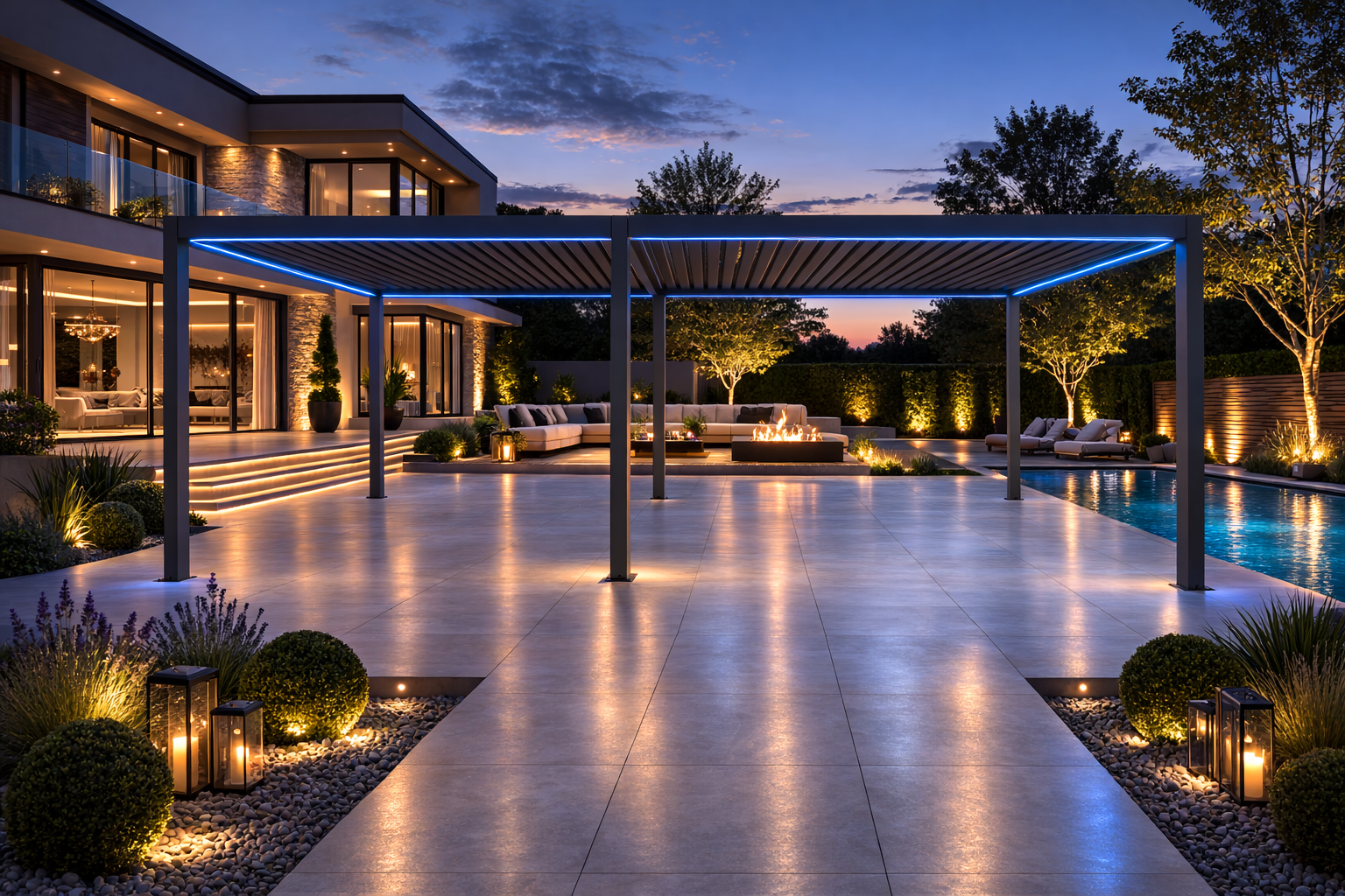 LuxSol Tora Pergola - 8m x 4m Electric Control With Integrated RGB Lighting