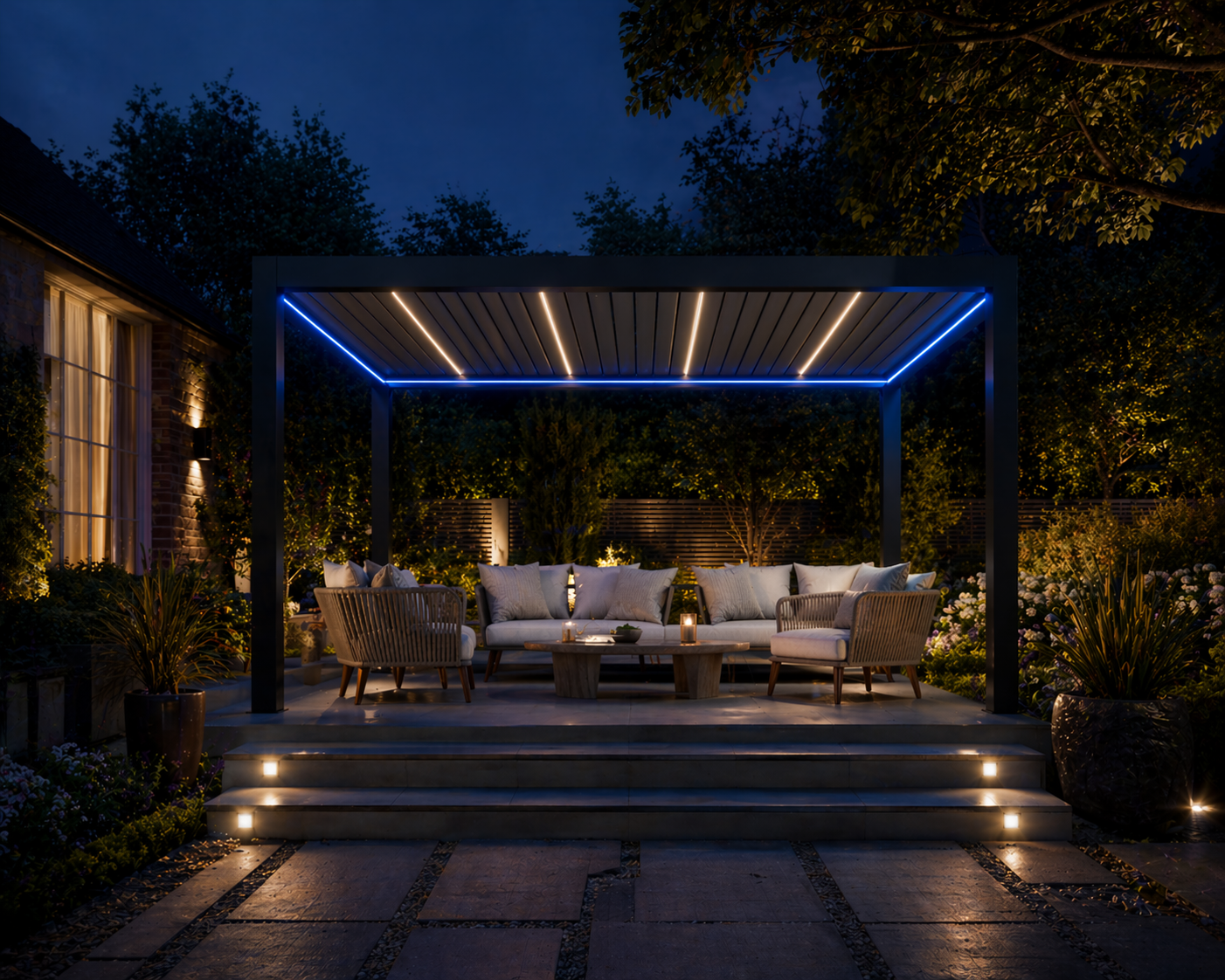 LuxSol Tora Pergola - 5m x 4m Electric Control With Integrated RGB Lighting