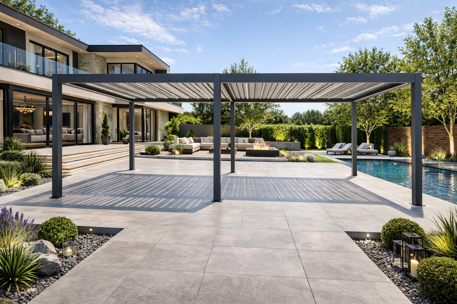 LuxSol Tora Pergola - 8m x 4m Electric Control With Integrated RGB Lighting