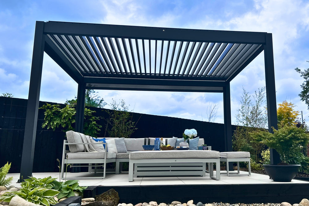LuxSol pergola and seating at the Cheshire showroom