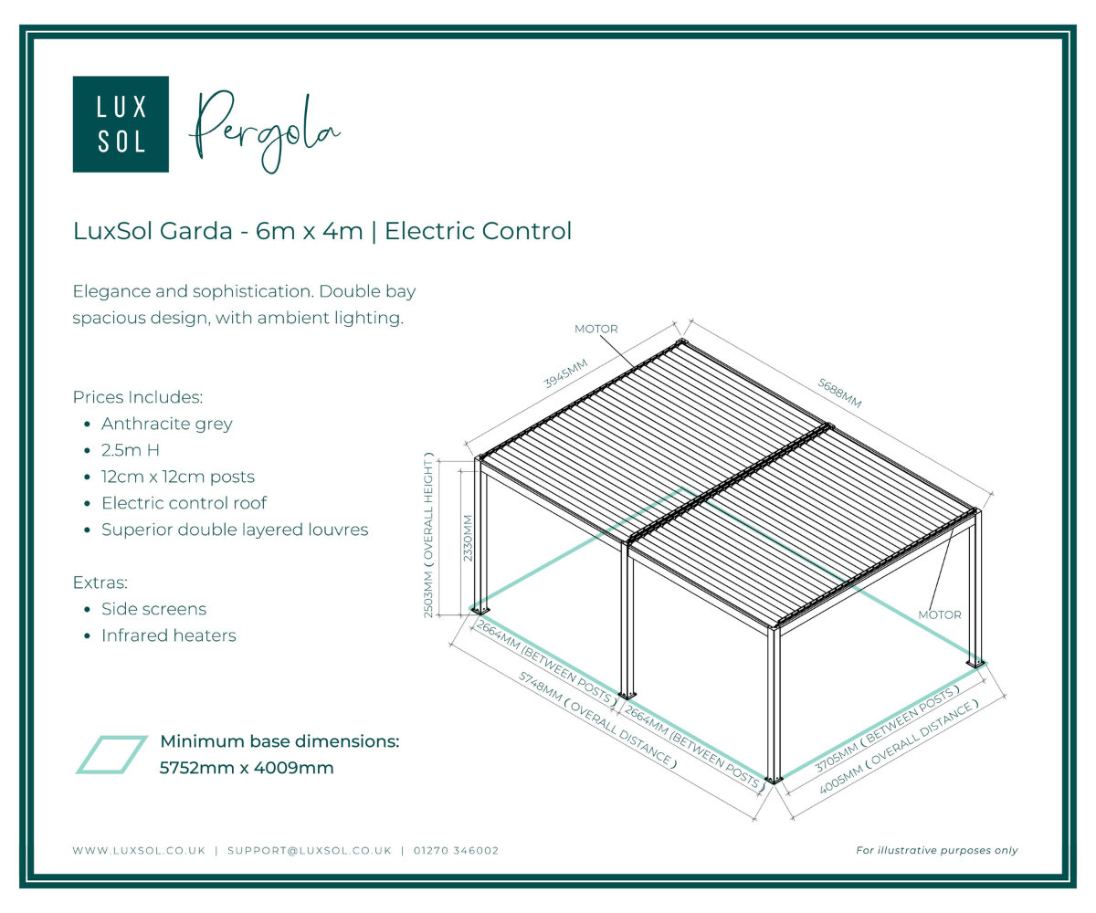 LuxSol Garda Pergola 6m x 4m - Electric Control with Integrated Lighting, Double Bay - LuxSol Living - 25% off, Double Bay, Electric, Lighting Included