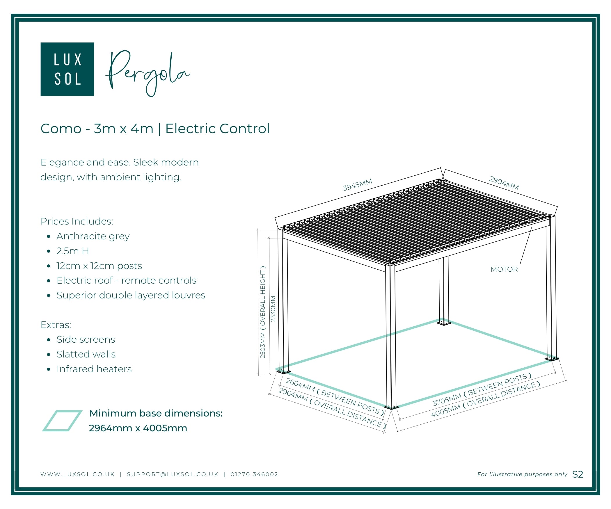 LuxSol Como Pergola 3m x 4m - Electric Control With Integrated Lighting
