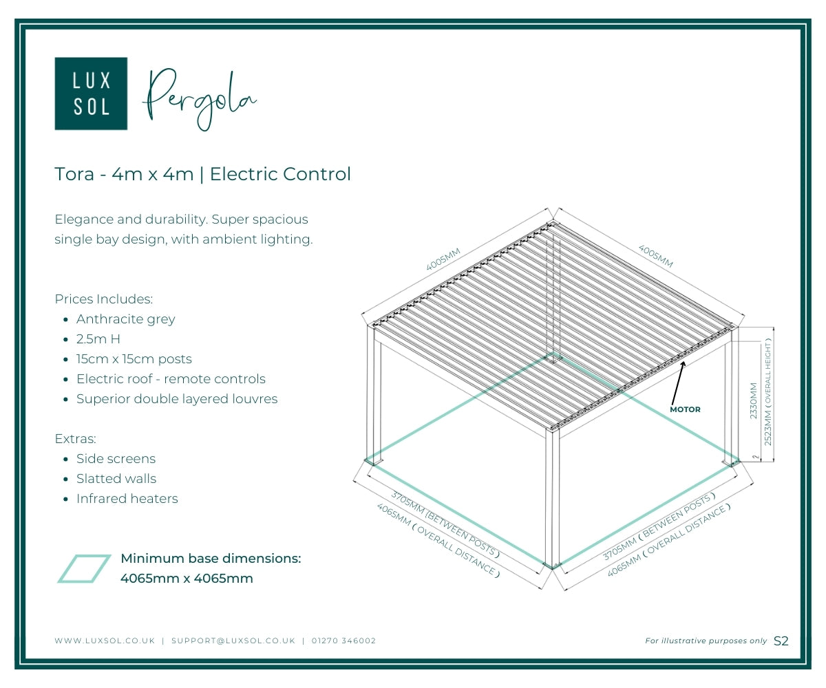 LuxSol Tora Pergola - 4m x 4m Electric Control With Integrated Lighting