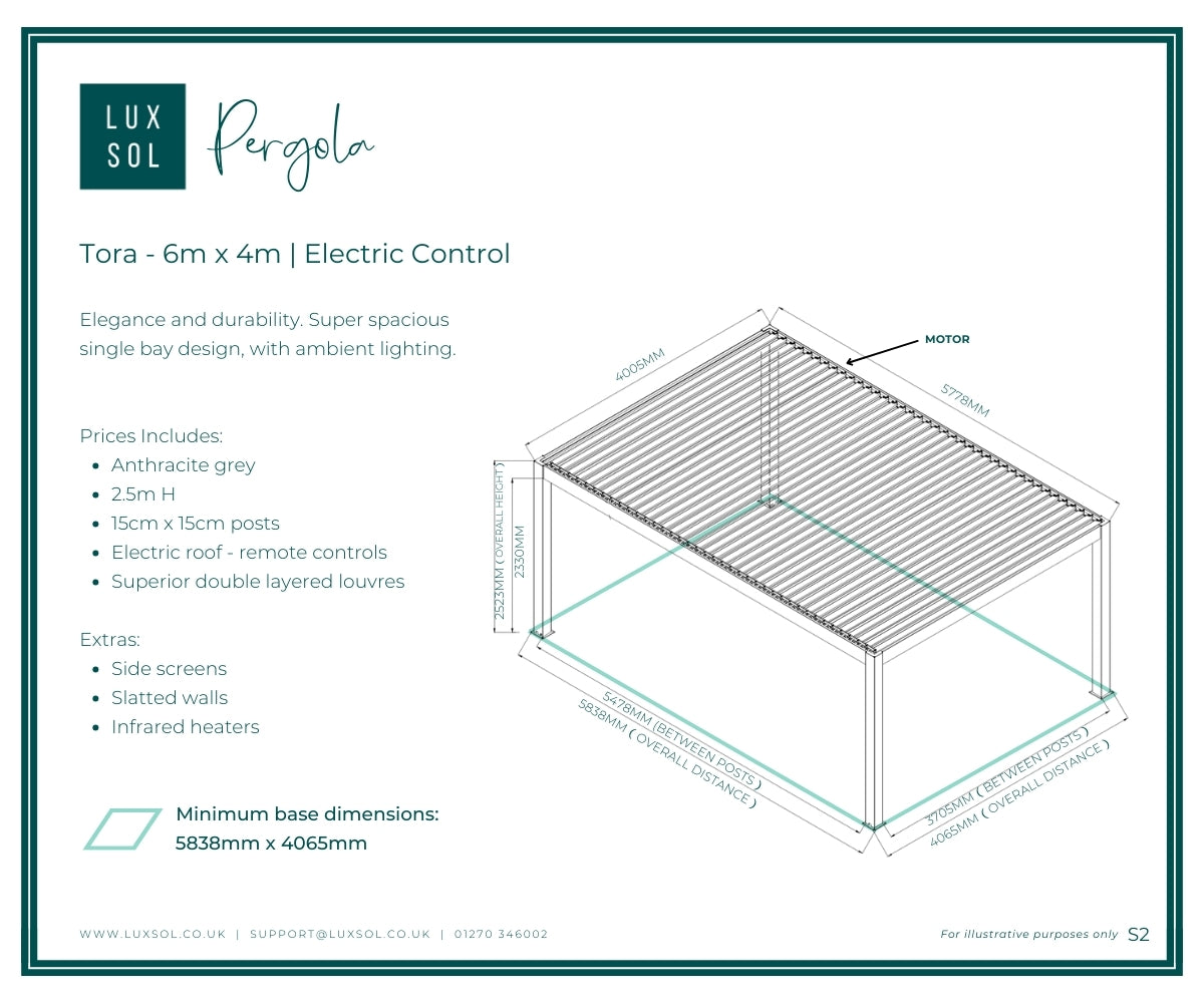 LuxSol Tora Pergola - 6m x 4m Electric Control With Integrated Lighting