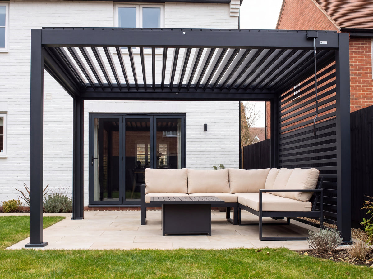 LuxSol Aura 3x4 · Open-roof corner lounge · Open louvres, right slatted wall and cream-cushioned corner seating · Furniture and optional accessories shown for styling