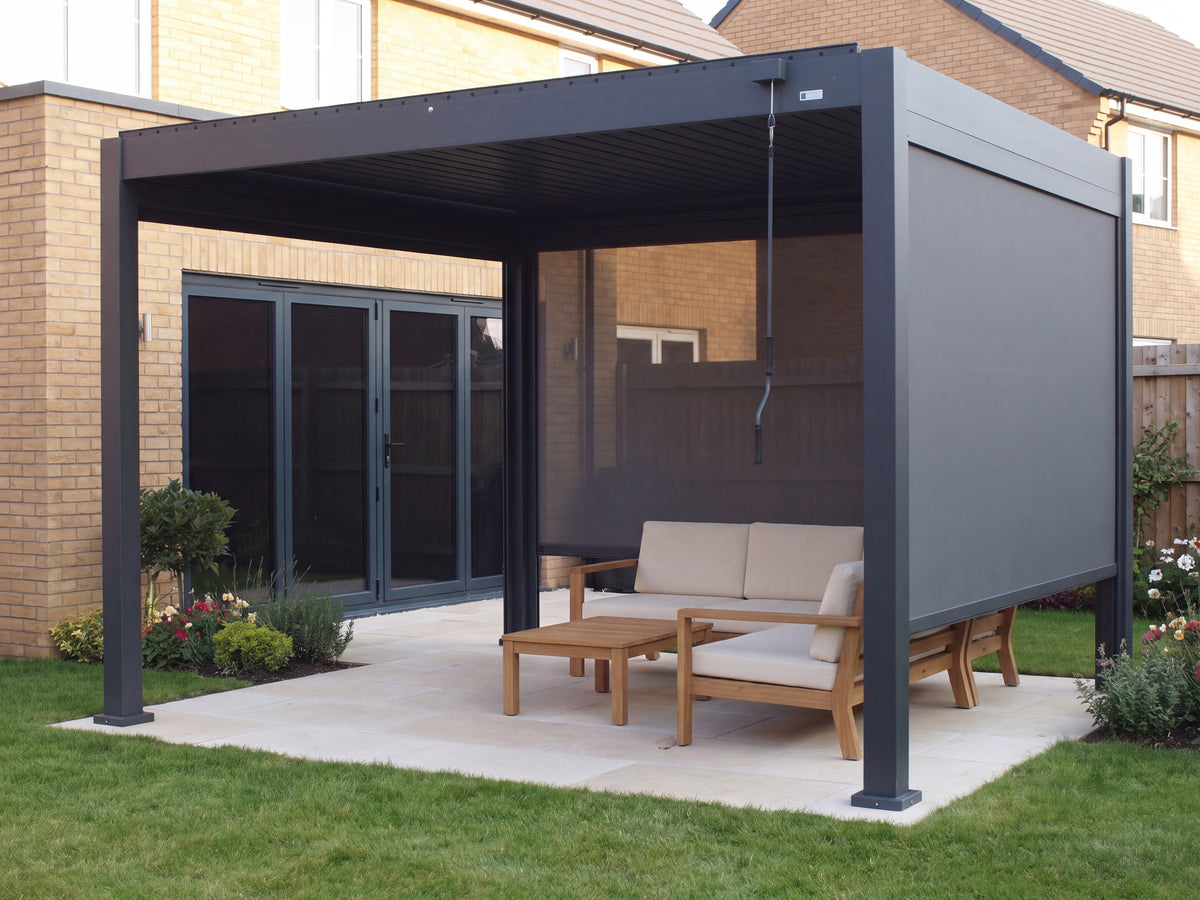 LuxSol Aura 3x4 · 3 × 4m Aura · rear and right screens partly lowered · front and left clear · Furniture and optional accessories shown for styling