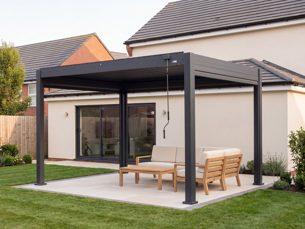 LuxSol Aura 3x4 · Open garden lounge · Closed roof; all screens raised · Furniture and optional accessories shown for styling