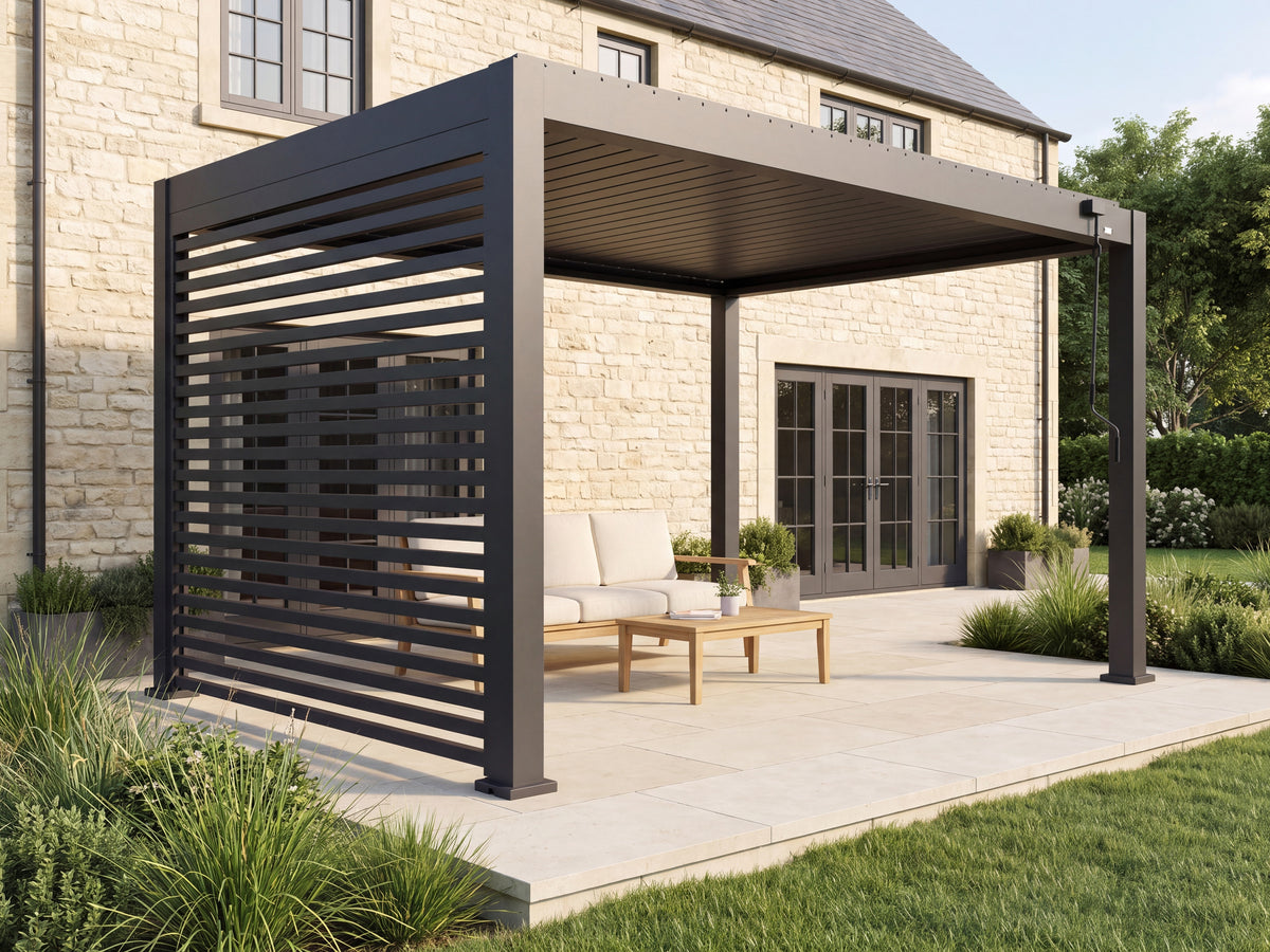 LuxSol Aura 3x4 · Slatted-wall cottage · One left 3m slatted wall; other openings clear · Furniture and optional accessories shown for styling