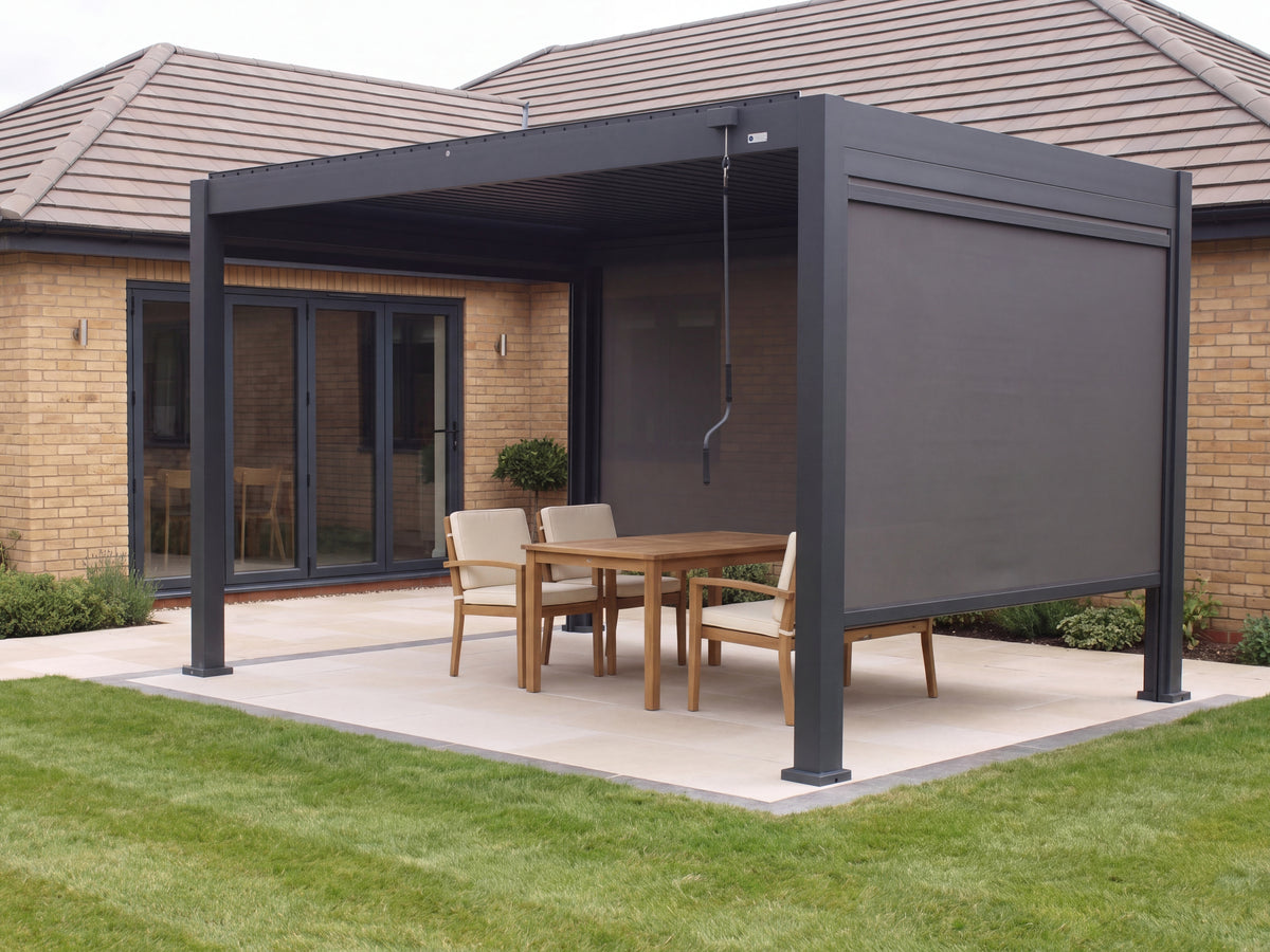 LuxSol Aura 3x4 · Part-screen dining · Rear and right screens partly lowered at photographed height · Furniture and optional accessories shown for styling