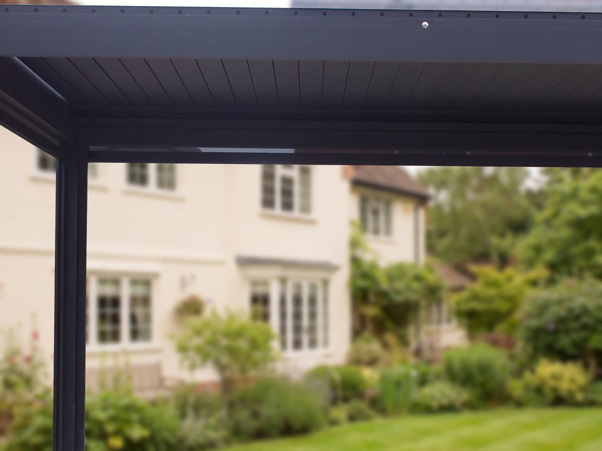LuxSol Aura 3x4 · Closed roof detail · Broad flat closed roof underside and front bolt row · Furniture and optional accessories shown for styling