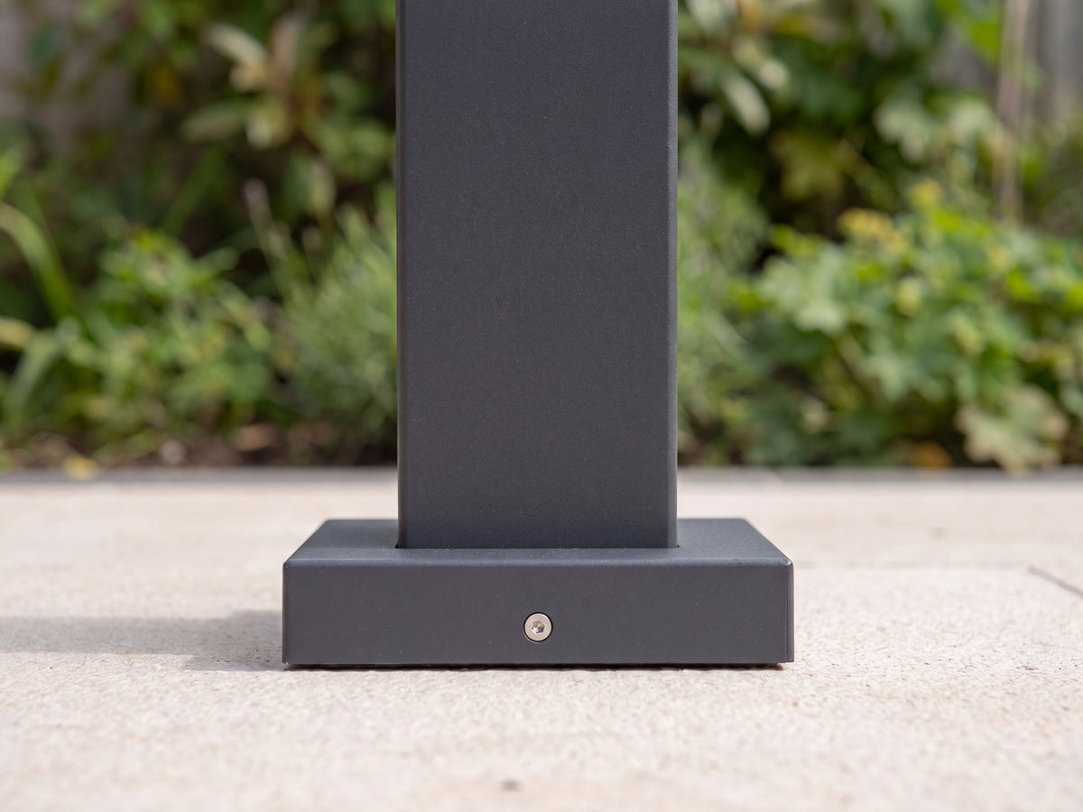LuxSol Aura 3x4 · Straight-on post and base · Original square post and shallow base cover · Furniture and optional accessories shown for styling
