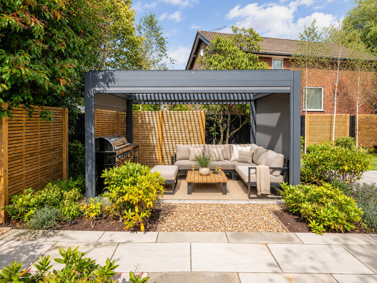 LuxSol Como electric pergola over a garden lounge