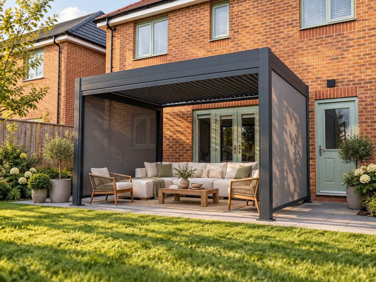 Como pergola shading an outdoor lounge in the afternoon