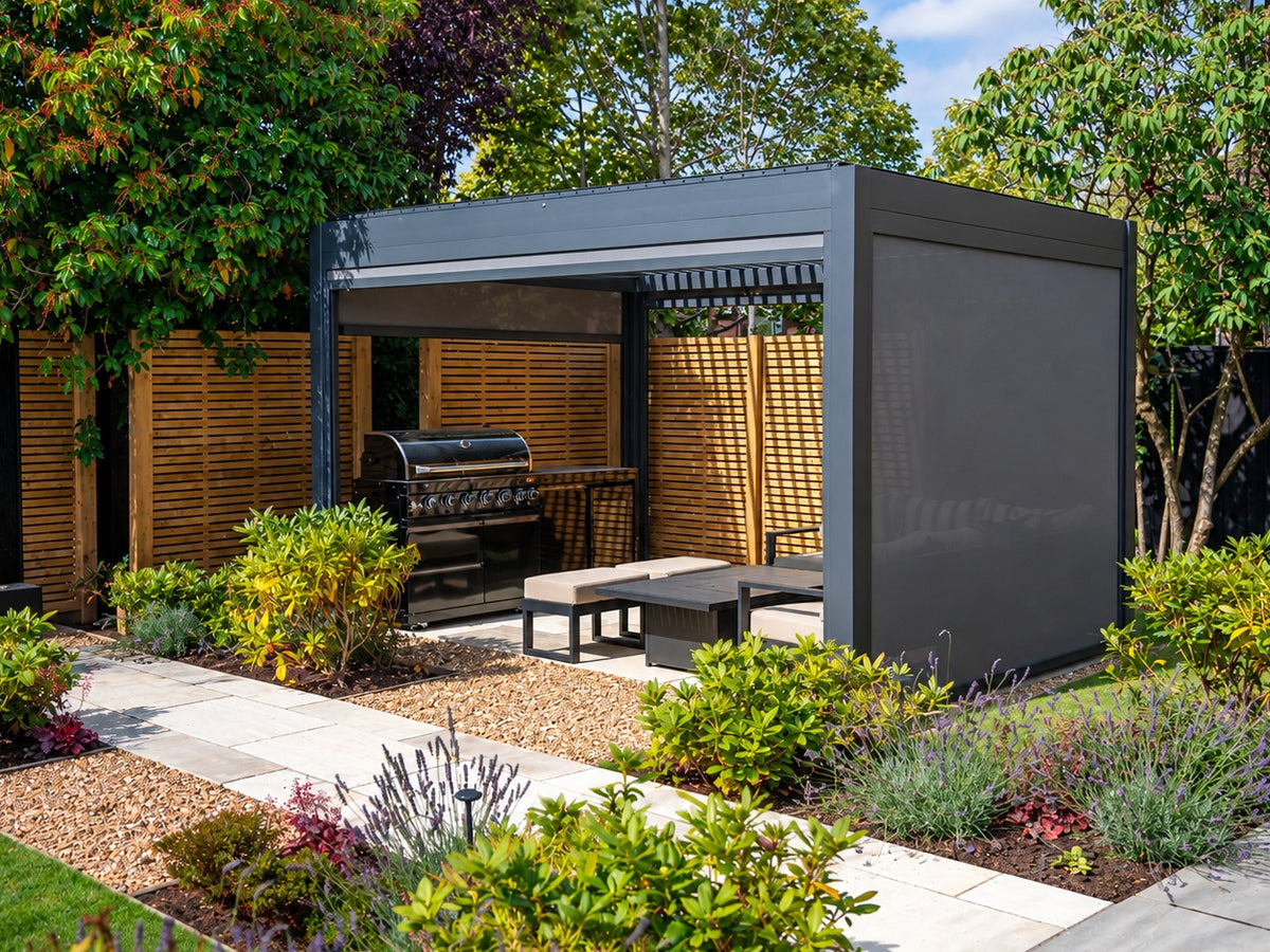Como pergola with side screens in a garden setting