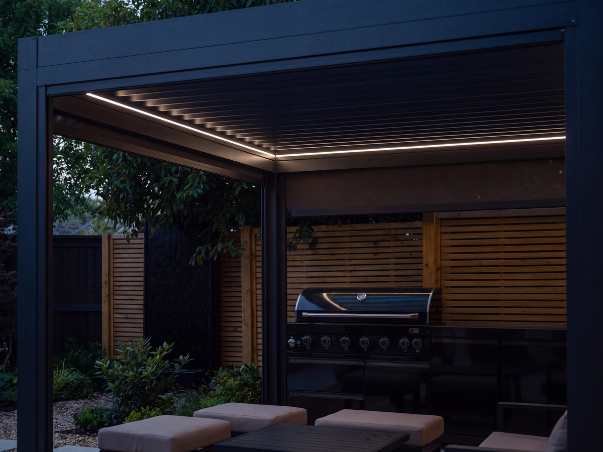 Detail of the Como pergola LED lighting after dark