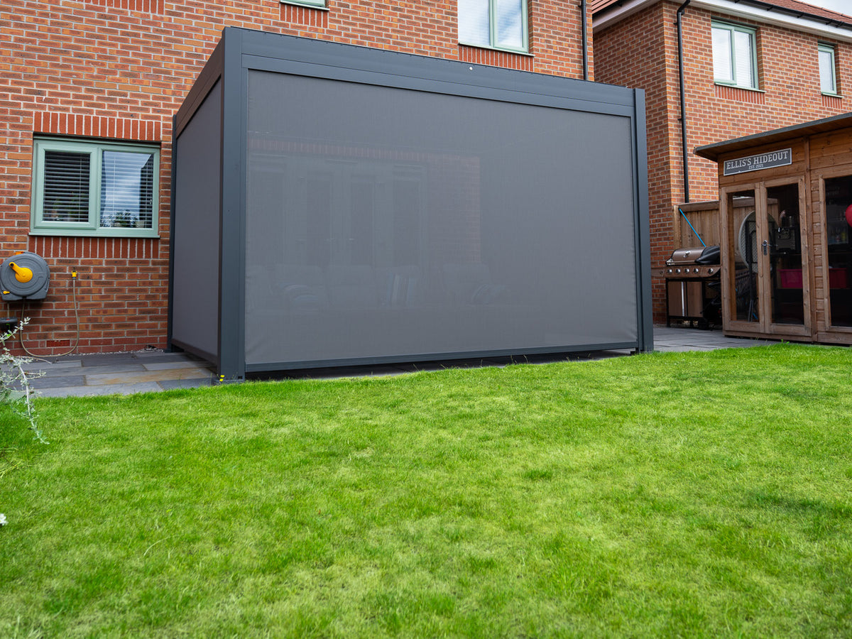 Como pergola with side screens lowered closed