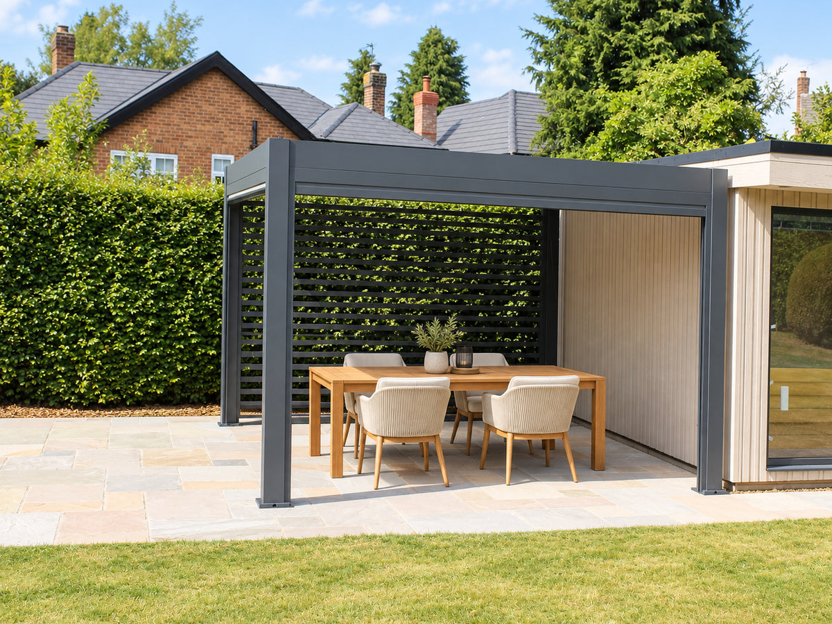Outdoor living, styled around Tora. Screens, walls and heaters shown are optional; furniture is not included.