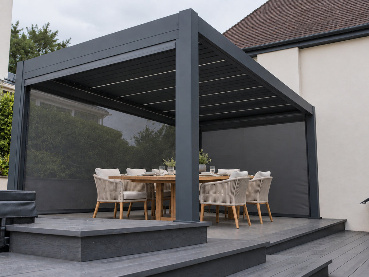Made for time outdoors. Styled Tora installation with optional screens; furniture not included.