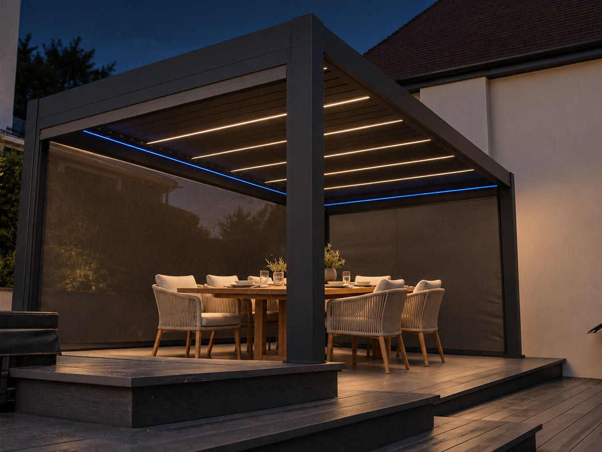 From dinner to after dark. White roof and blue perimeter lighting; optional screens shown.