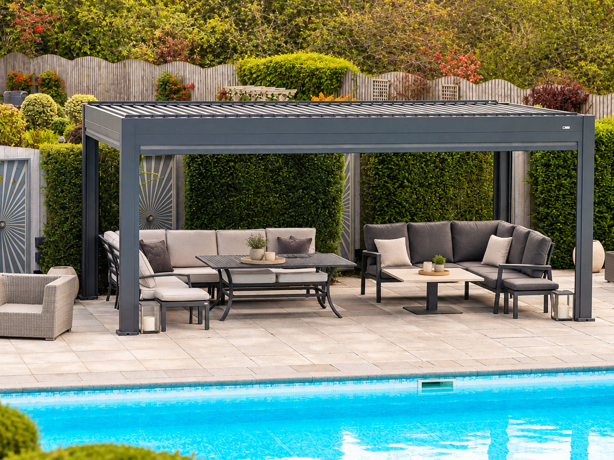 Outdoor living, styled around Tora. Screens, walls and heaters shown are optional; furniture is not included.