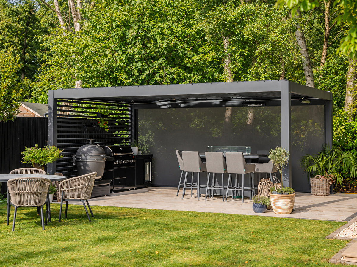 Outdoor living, styled around Tora. Screens, walls and heaters shown are optional; furniture is not included.