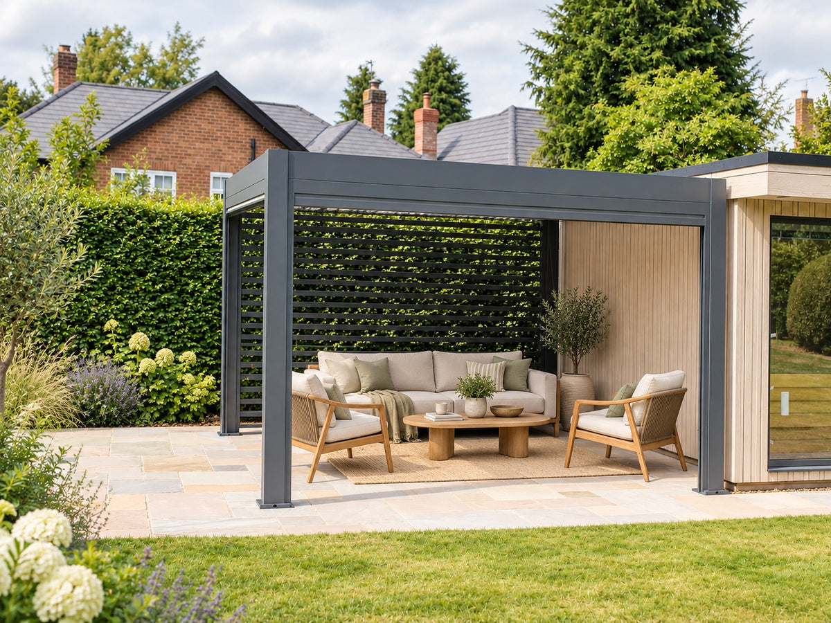 Outdoor living, styled around Tora. Screens, walls and heaters shown are optional; furniture is not included.