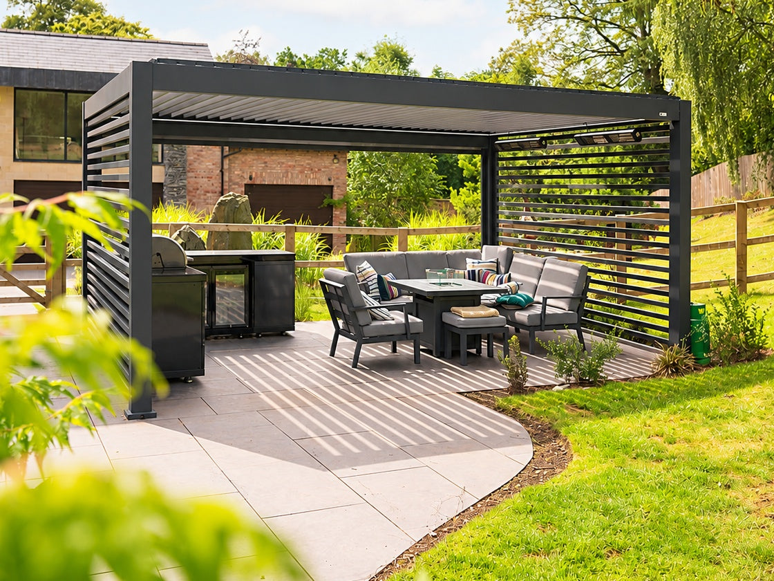 Outdoor living, styled around Tora. Screens, walls and heaters shown are optional; furniture is not included.