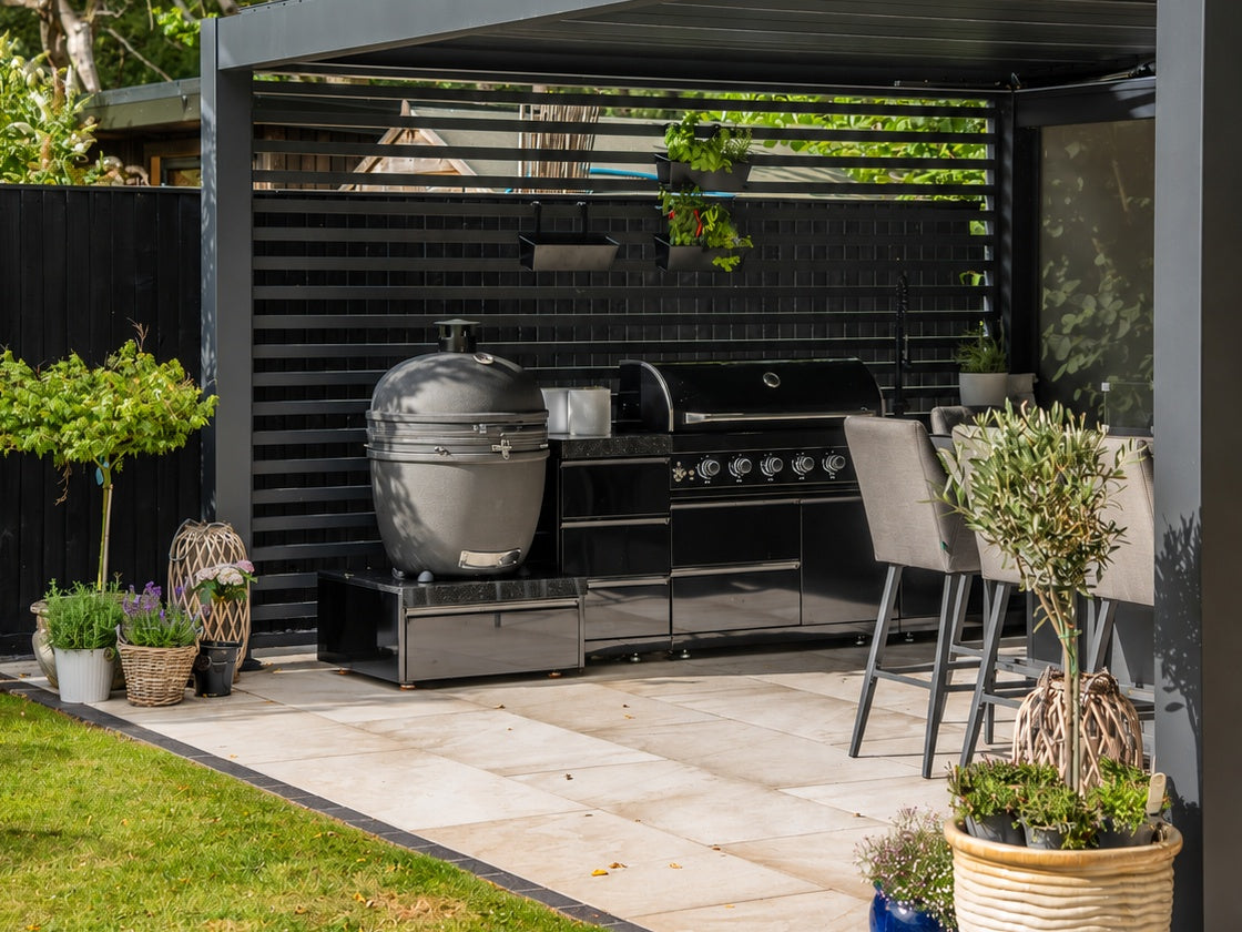 Outdoor living, styled around Tora. Screens, walls and heaters shown are optional; furniture is not included.
