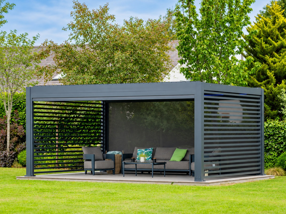 Outdoor living, styled around Tora. Screens, walls and heaters shown are optional; furniture is not included.