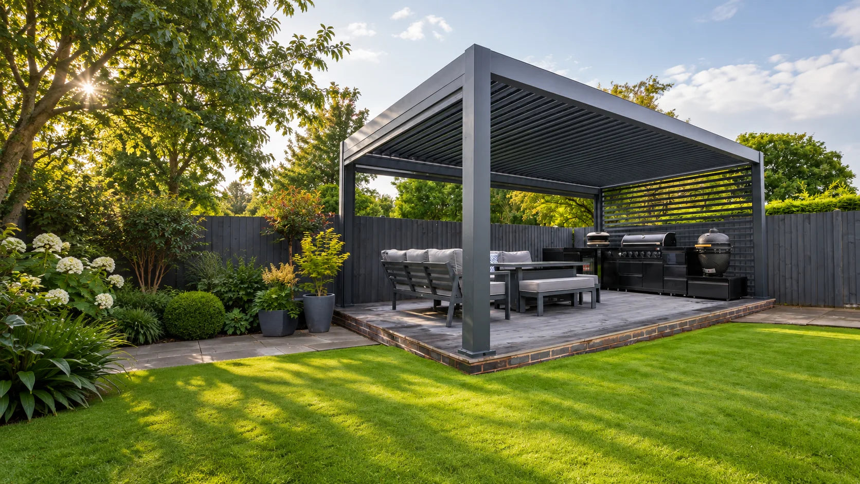 LuxSol aluminium louvred pergola with outdoor seating and slatted side walls in a landscaped garden