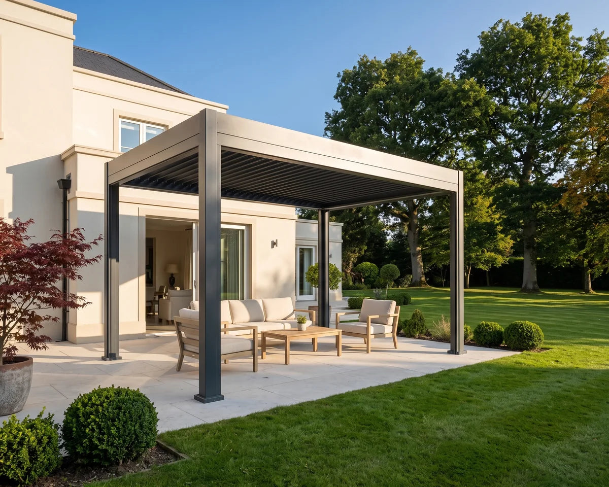 Aura pergola styled beside a house with outdoor seating and a landscaped lawn