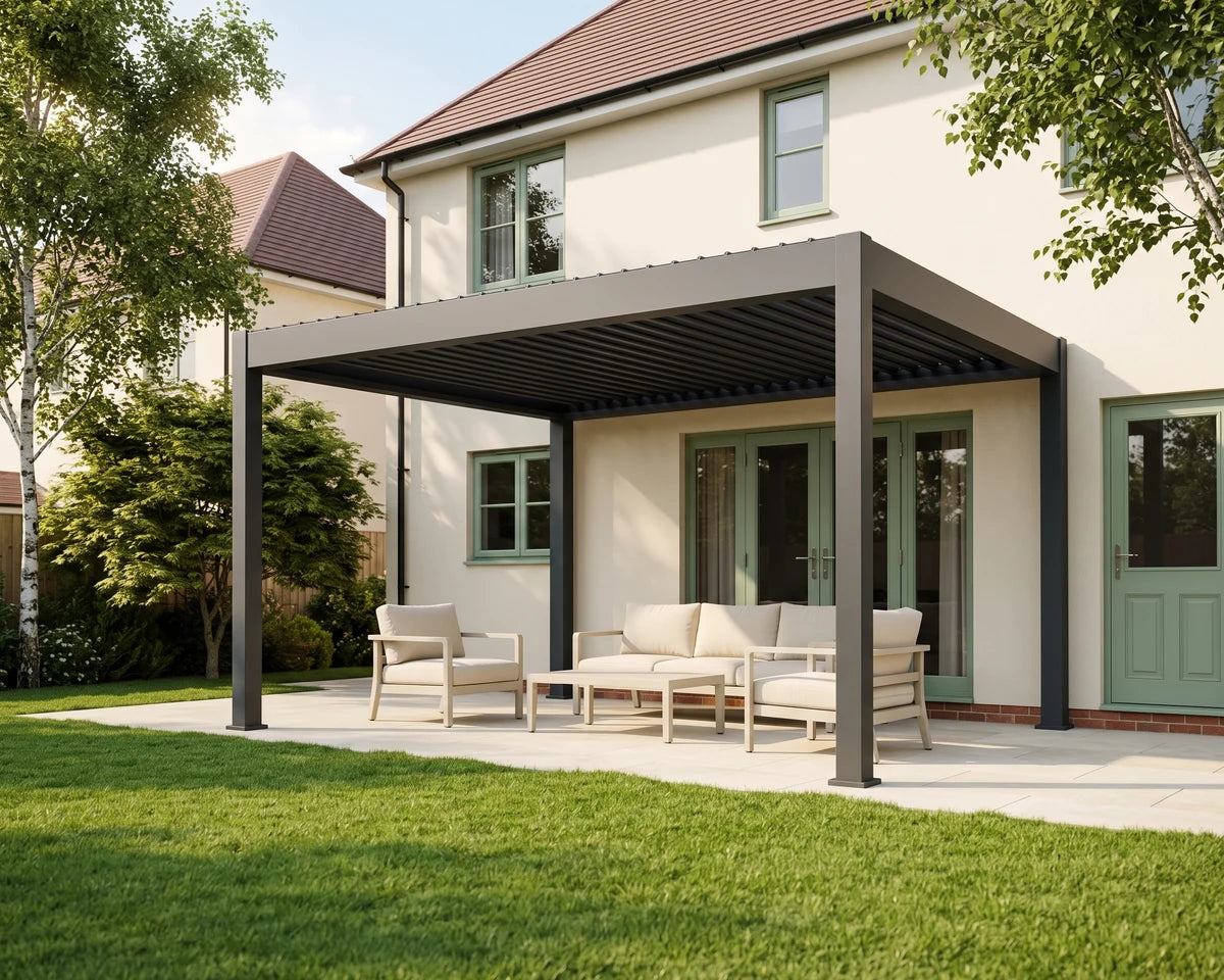 Como pergola styled on a stone terrace beside a contemporary house