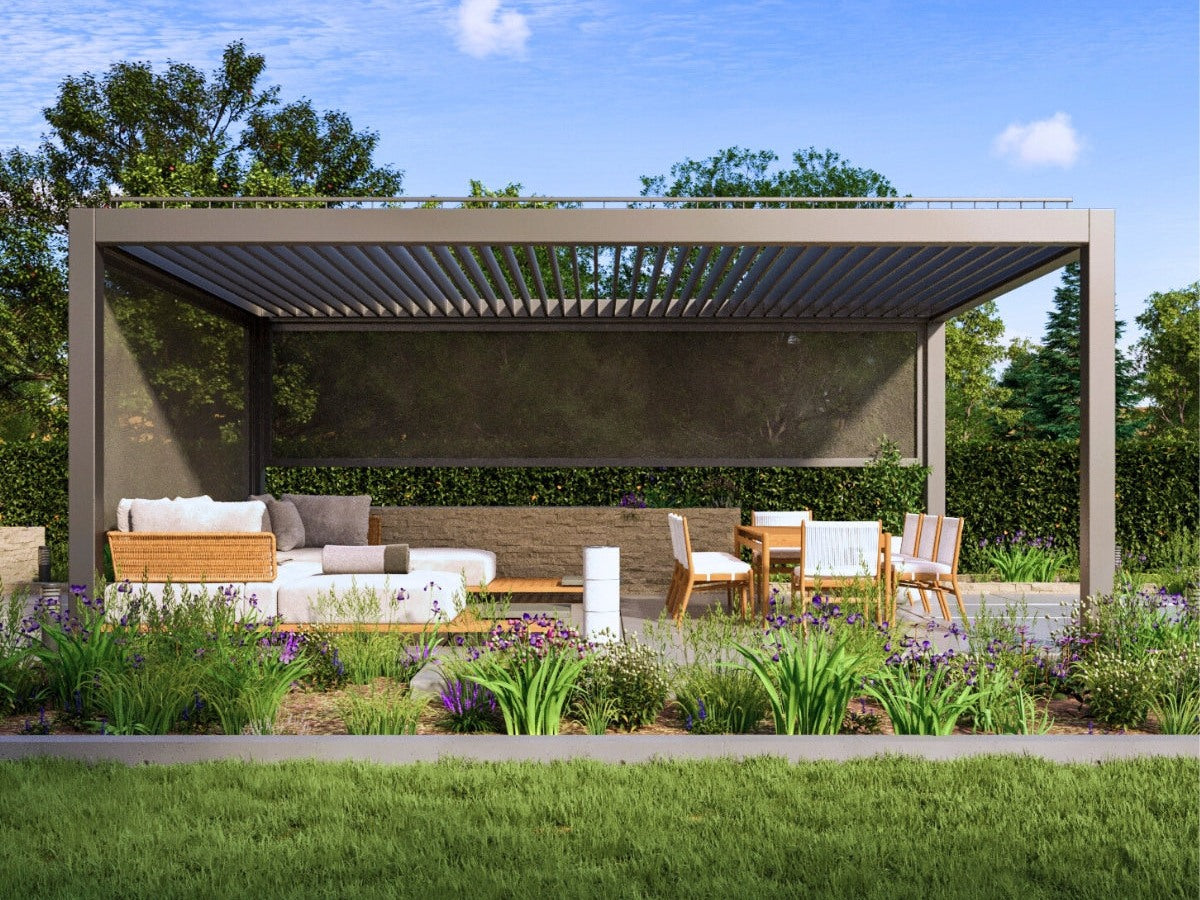 Existing illustration showing a screen partly lowered behind seating and dining furniture