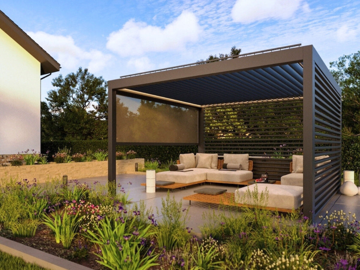 Illustrated garden setting showing a LuxSol pergola screen partly lowered