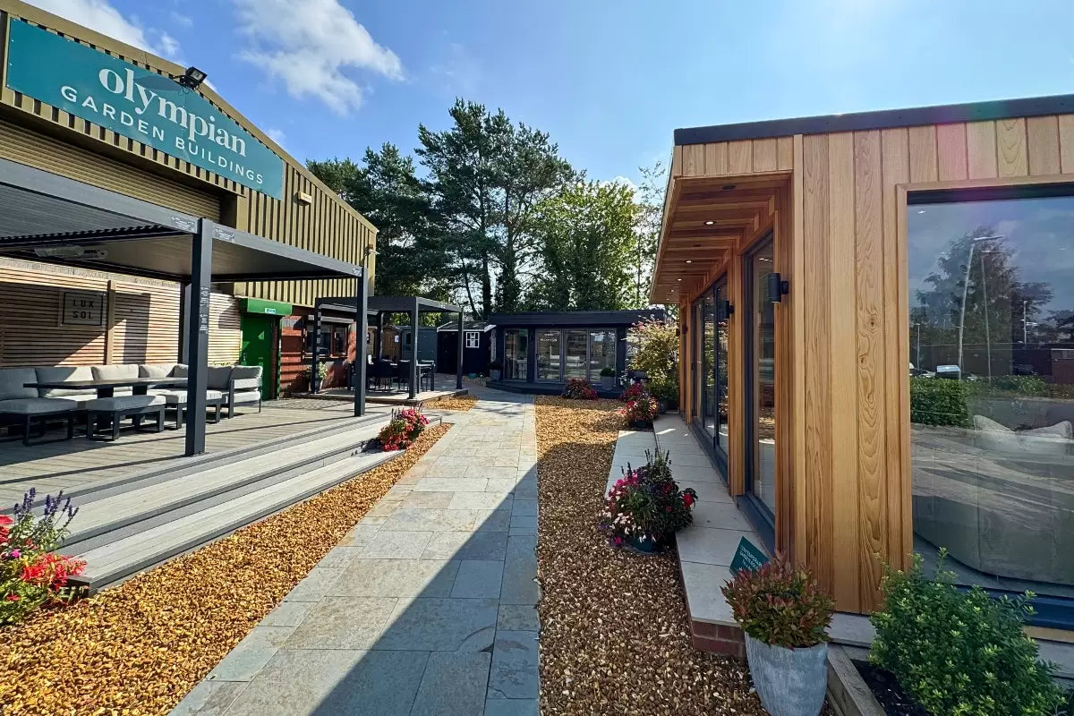 LuxSol pergolas and the landscaped walkway at the Olympian Garden Buildings showroom in Sandbach