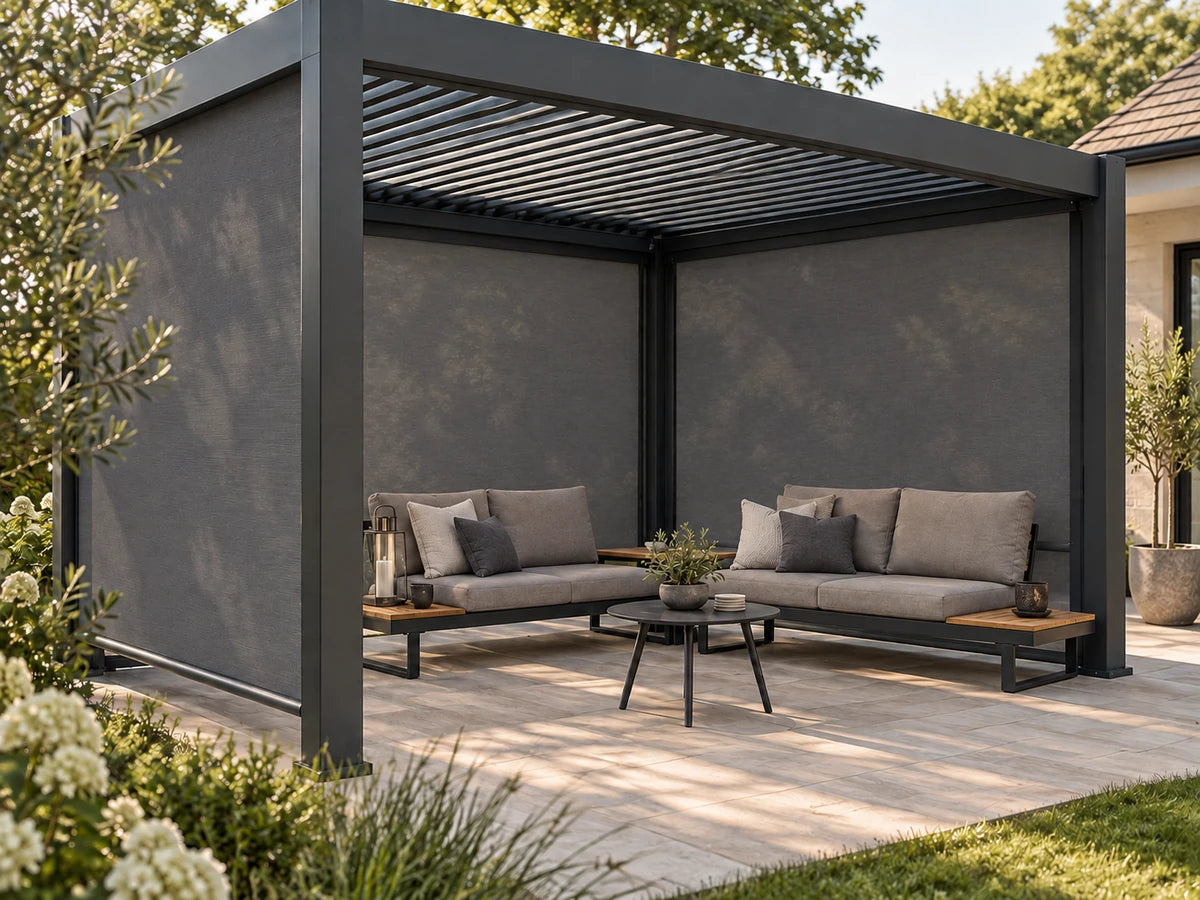 Aura fabric screens enclosing a quiet garden seating area