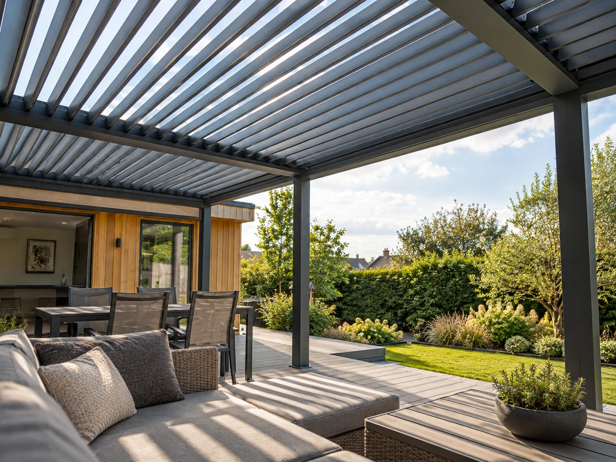 Open Tora louvres casting bands of sunlight across a garden lounge