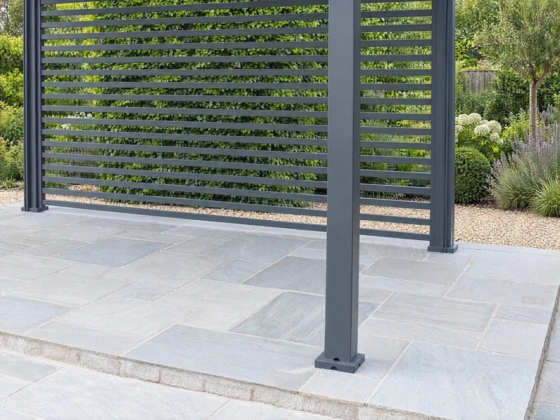 Aluminium pergola posts and footplates on the same grey stone patio