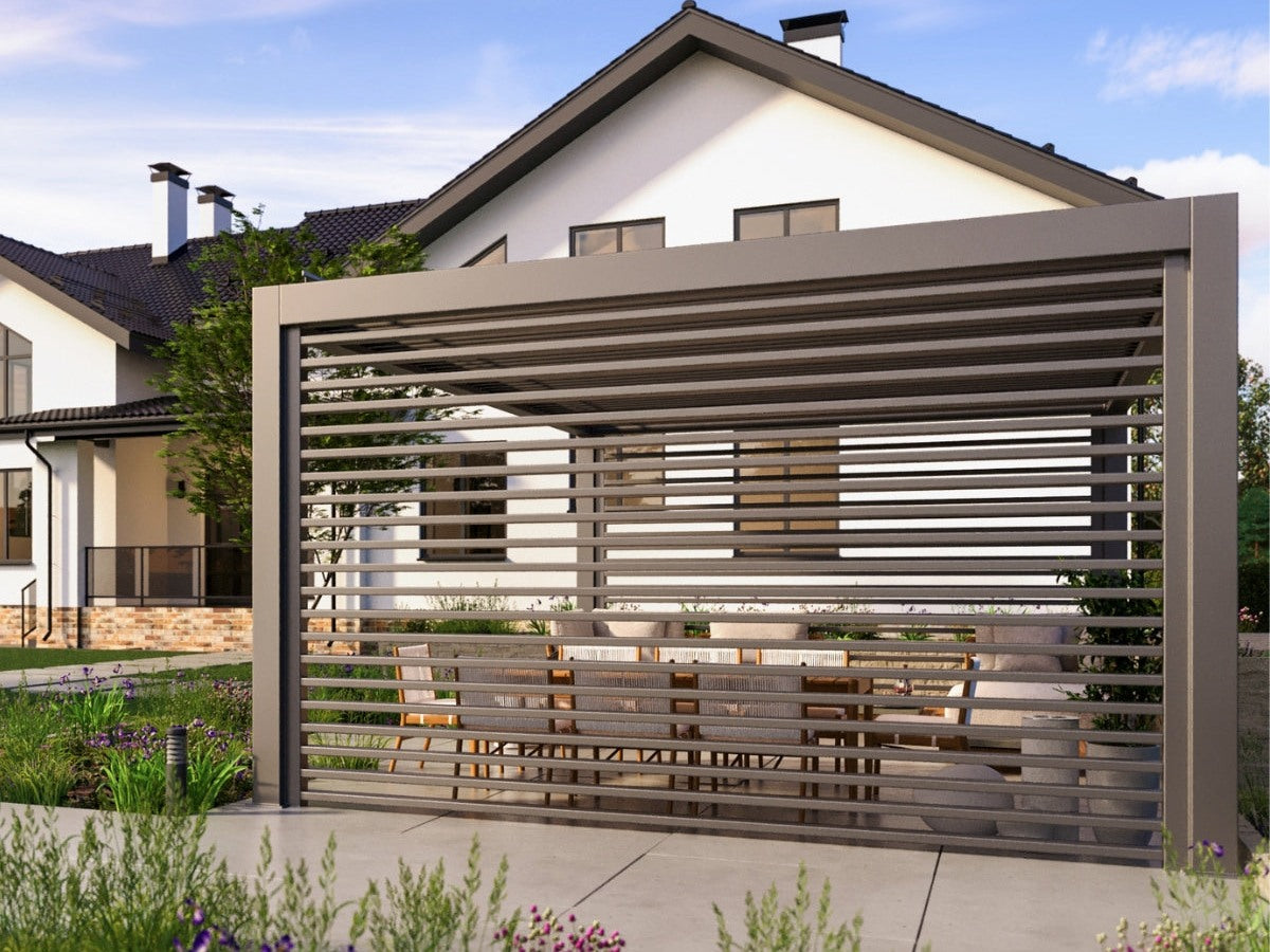 Existing illustration of slatted walls enclosing a furnished pergola